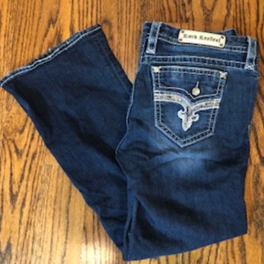 Rock Revival Betty Boot Cut Faux Flap Sequined Pocket Jeans Size 34